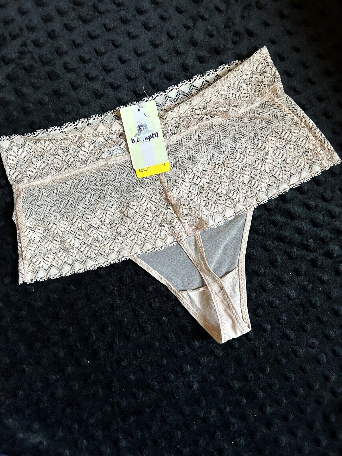 B.Tempt'd "Net Perfection" Hi-Waist Lace / Mesh Thong, Beige