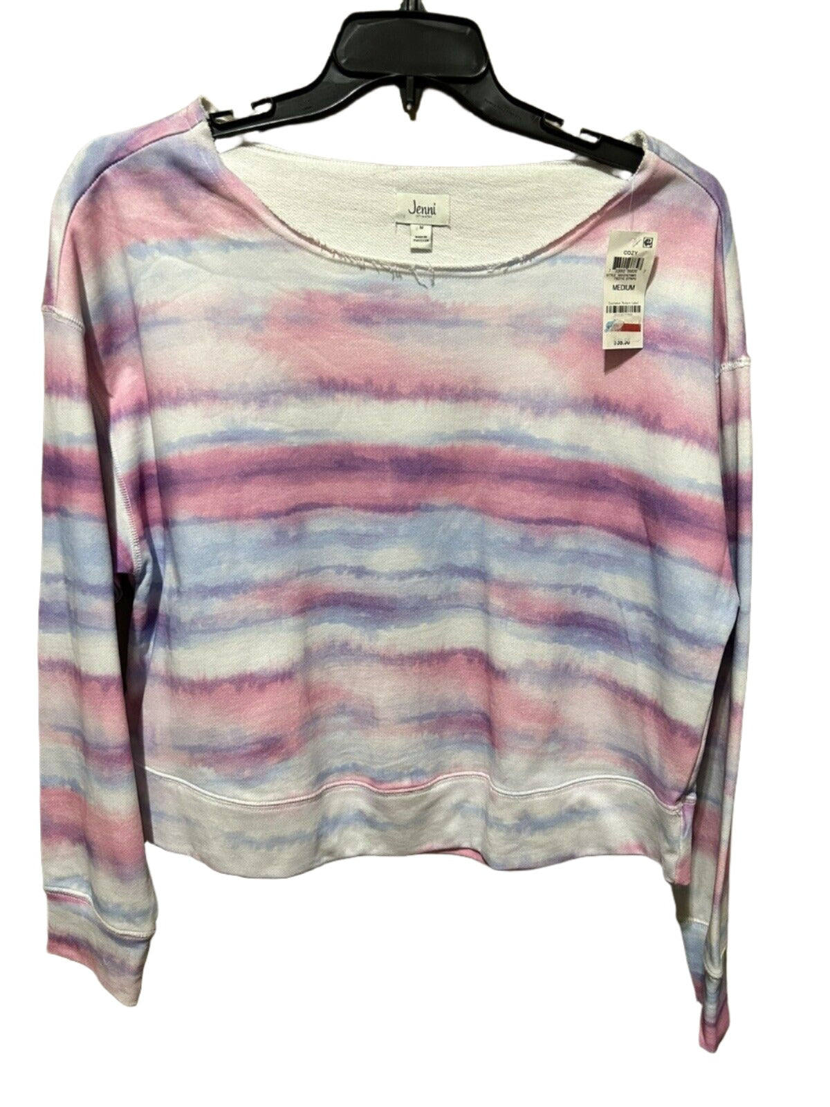 JENNI Intimates Pink French Terry Crew Neck Striped Sleep Shirt Pajama Top