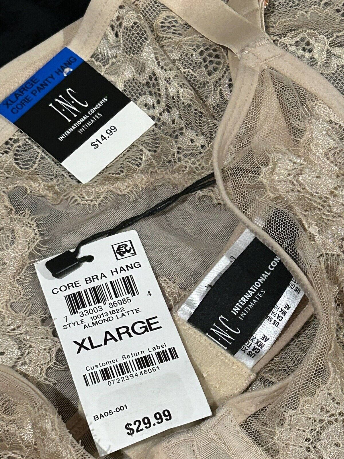 Inc Lace-Trim High-Waist Mesh Underwear With Matching Bra Set Almond XLarge