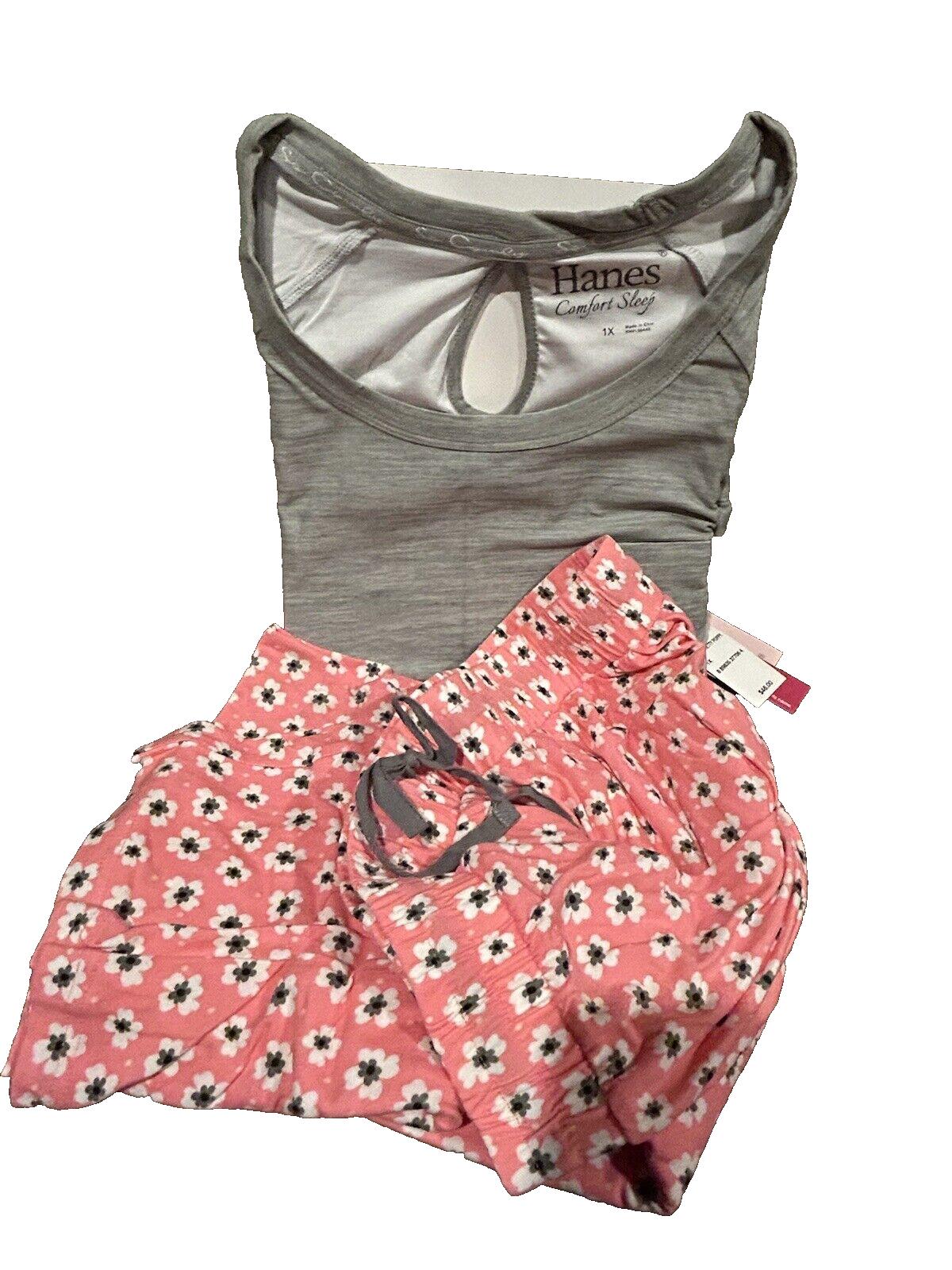 Hanes Comfort Sleep Women’s 2 Piece Grey Pretty Poppy Pajama Set