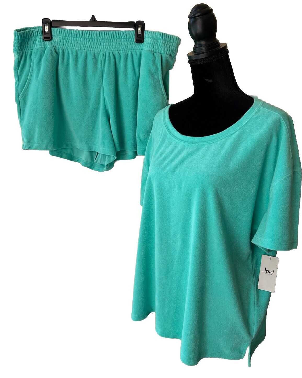JENNI Women's Two Piece Smocked-Waist Terry Cloth Shorts & Top Ocean Aqua