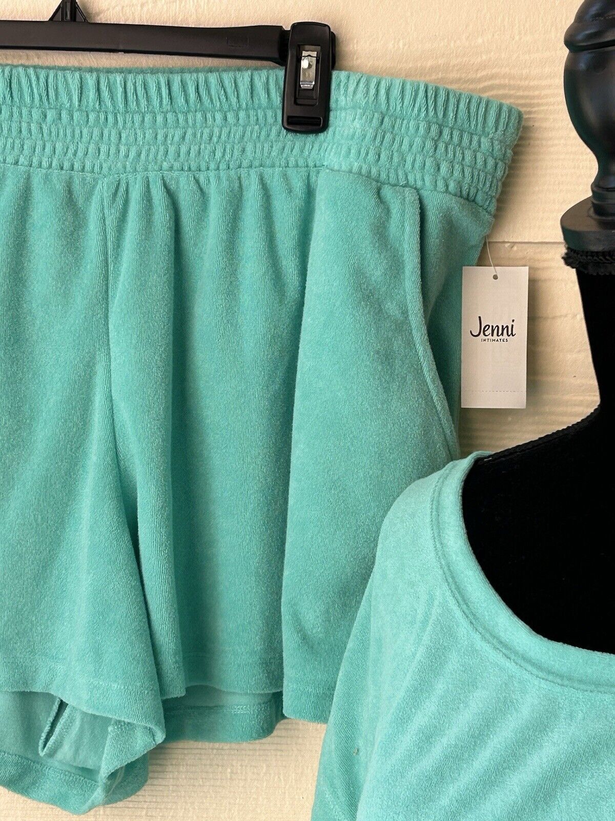 JENNI Women's Two Piece Smocked-Waist Terry Cloth Shorts & Top Ocean Aqua