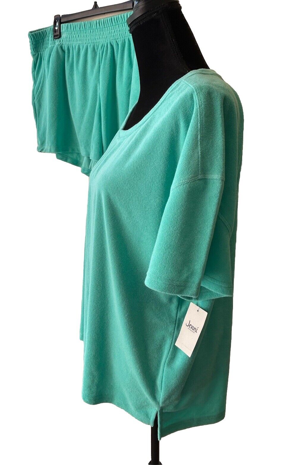 JENNI Women's Two Piece Smocked-Waist Terry Cloth Shorts & Top Ocean Aqua