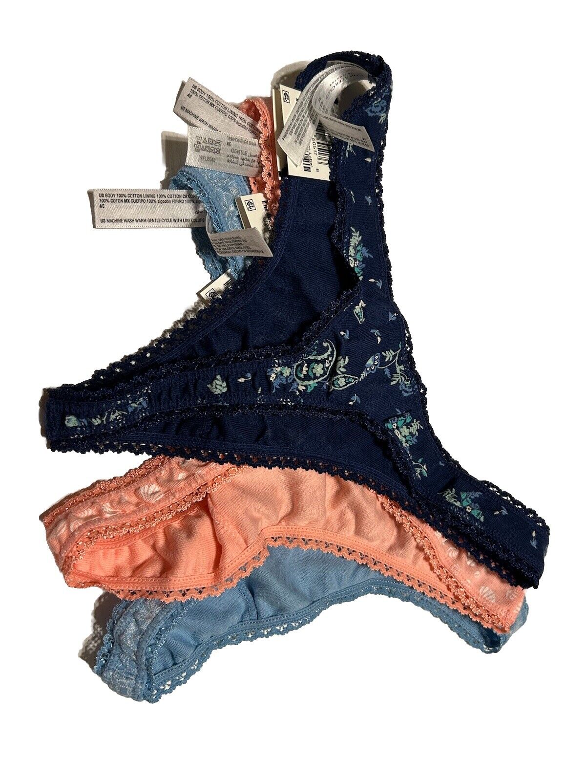3 Pair Set Charter Club Soft 100% Cotton Thong Lace Trim Brief Underwear