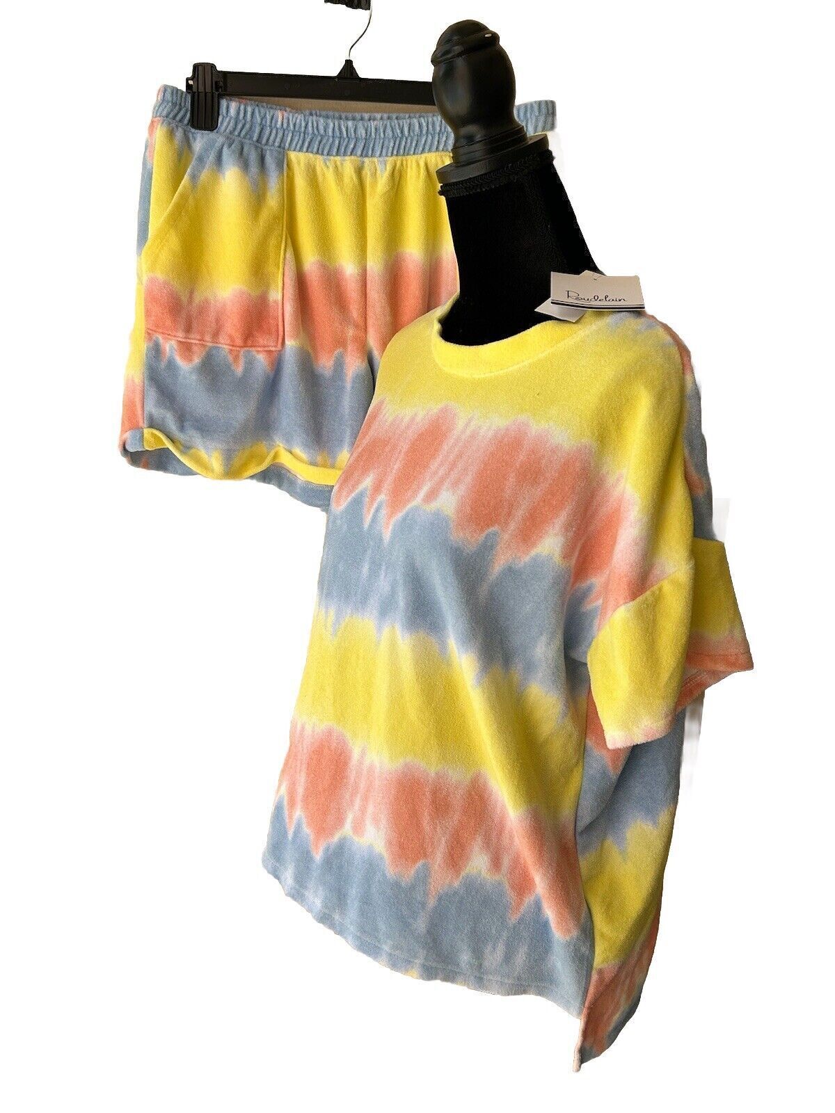 Roudelain Terry Cloth Women’s 2 Piece Matching Pajama Lounge Set Tie Dye White
