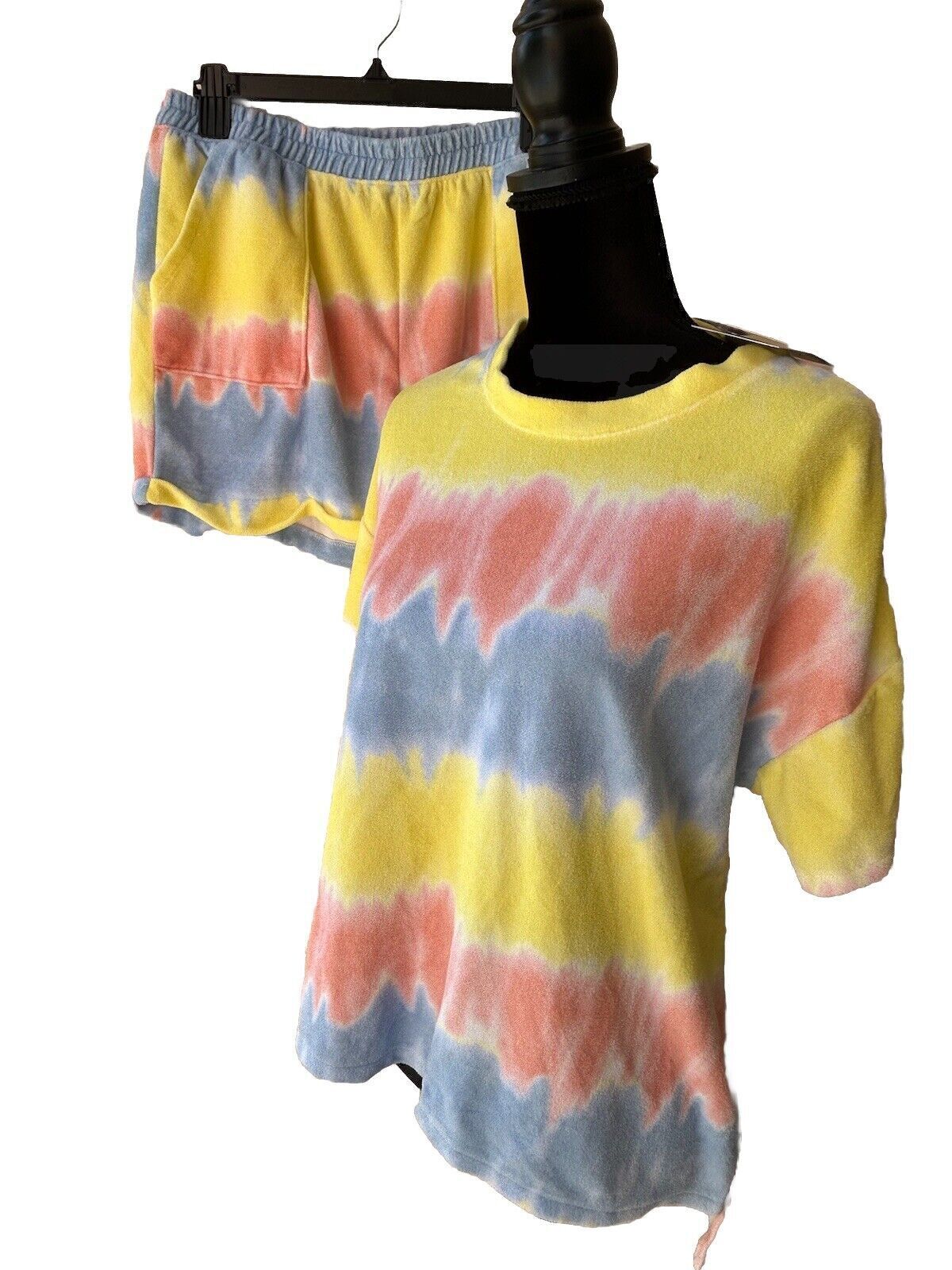 Roudelain Terry Cloth Women’s 2 Piece Matching Pajama Lounge Set Tie Dye White