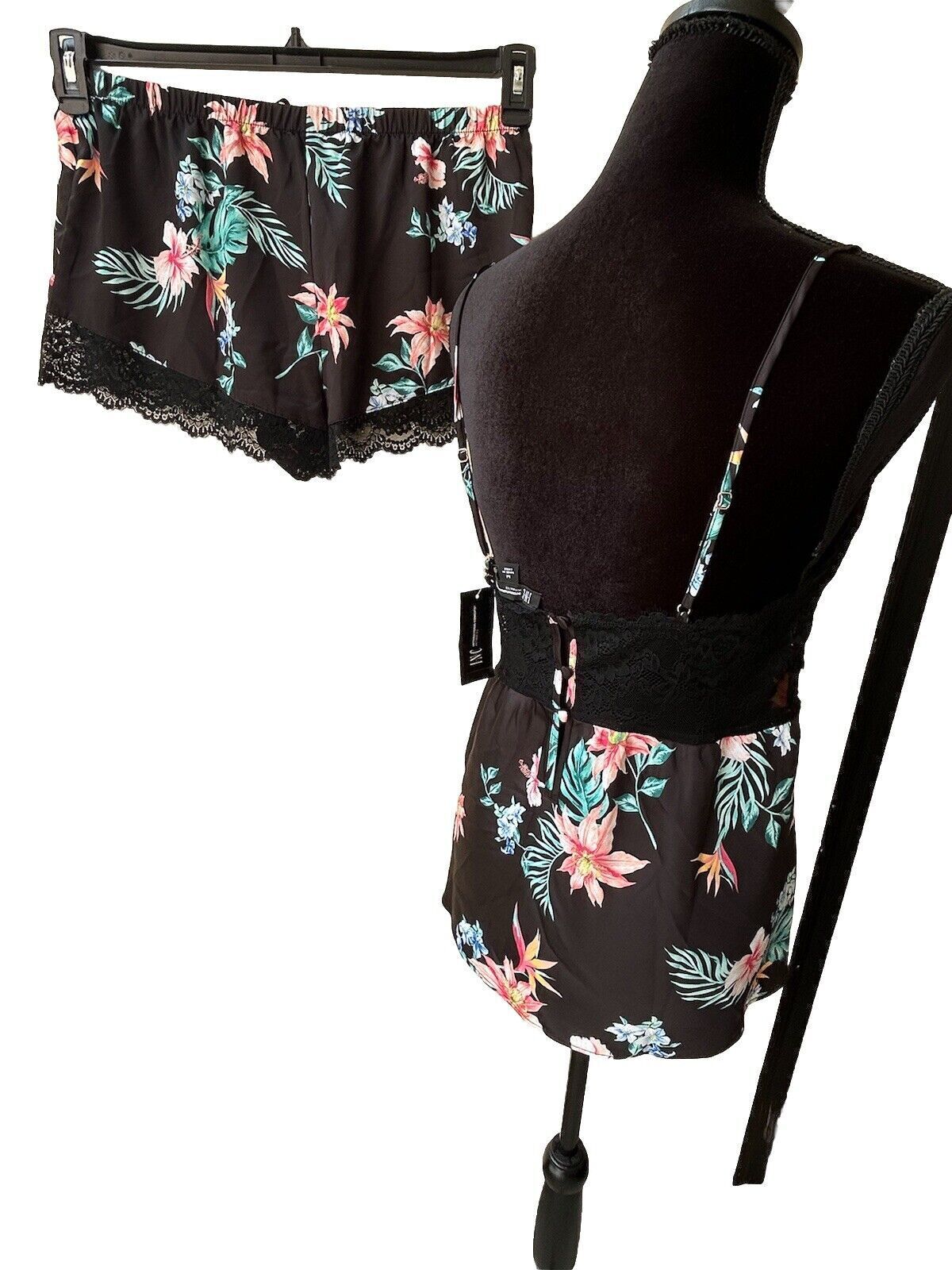 INC International Concepts 2 Piece Black Tropical Lingerie Pajama Set