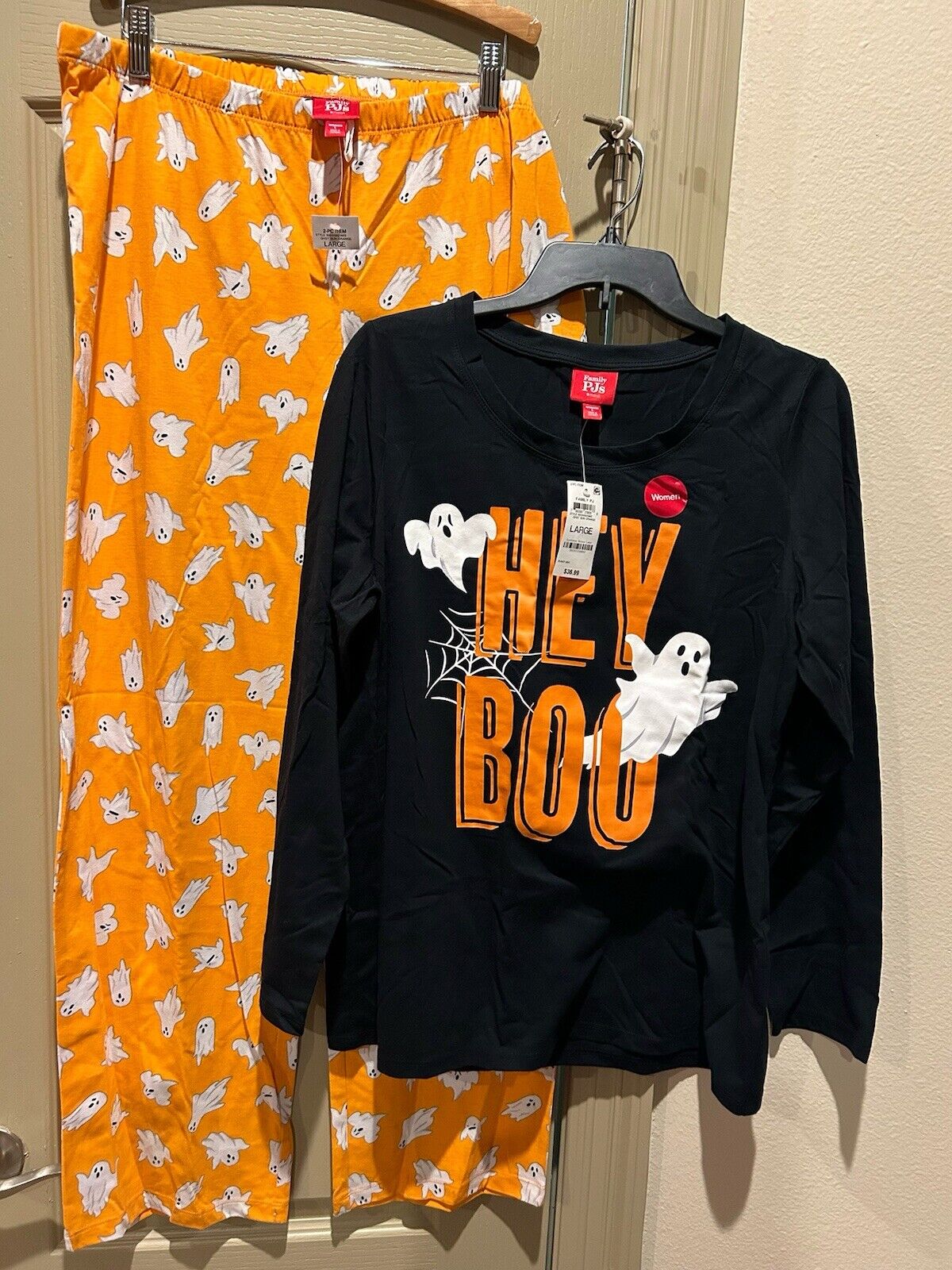 Women's 2 Piece Halloween Ghosts Pajama Set Black Orange