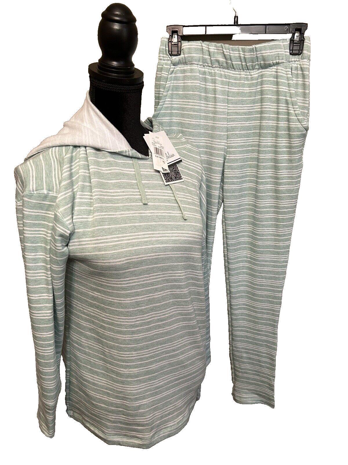 Women's Butter Soft Hoodie Loung Pajama 2 Pc Set Green Stripe ROUDELAIN
