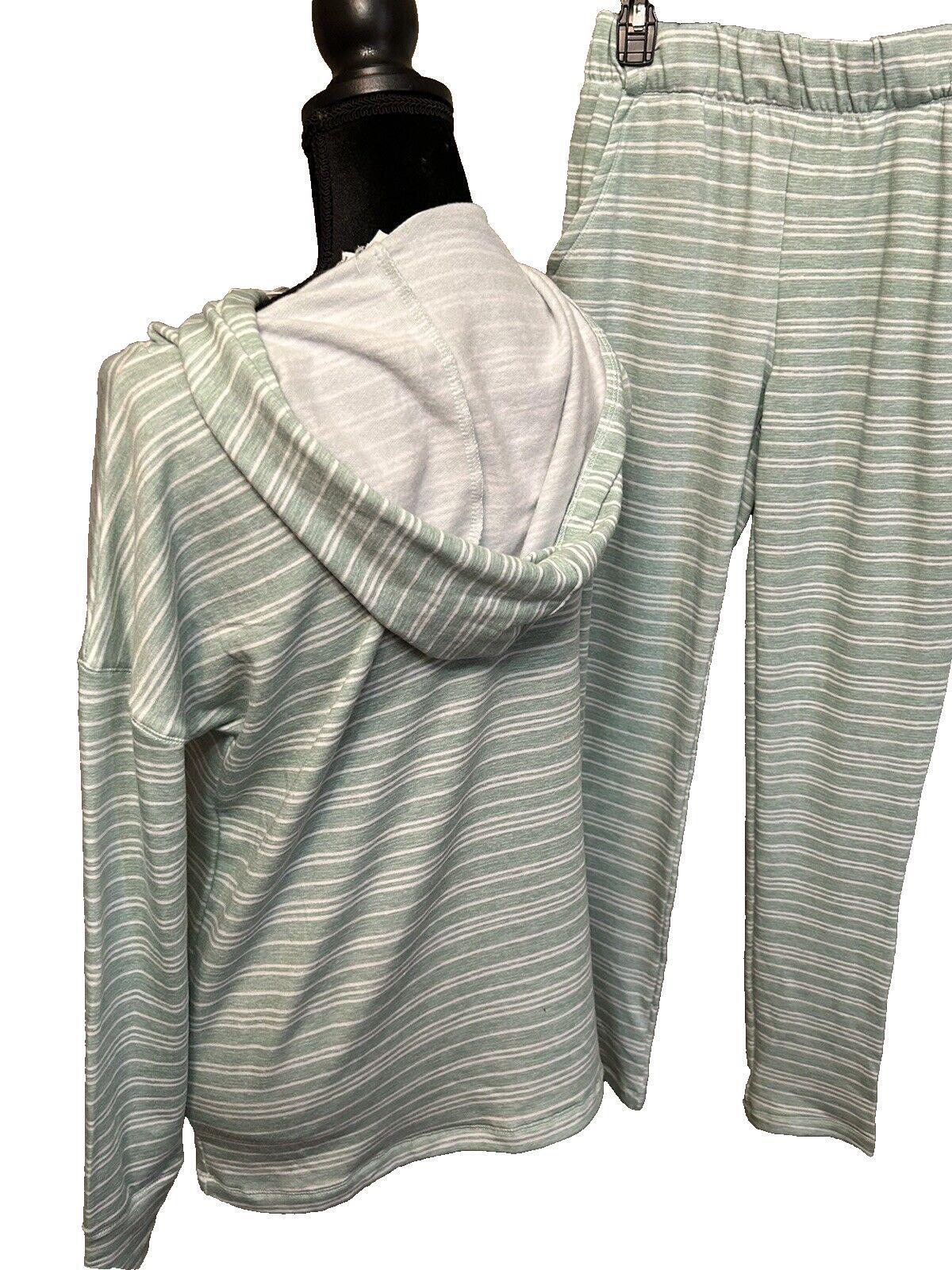 Women's Butter Soft Hoodie Loung Pajama 2 Pc Set Green Stripe ROUDELAIN