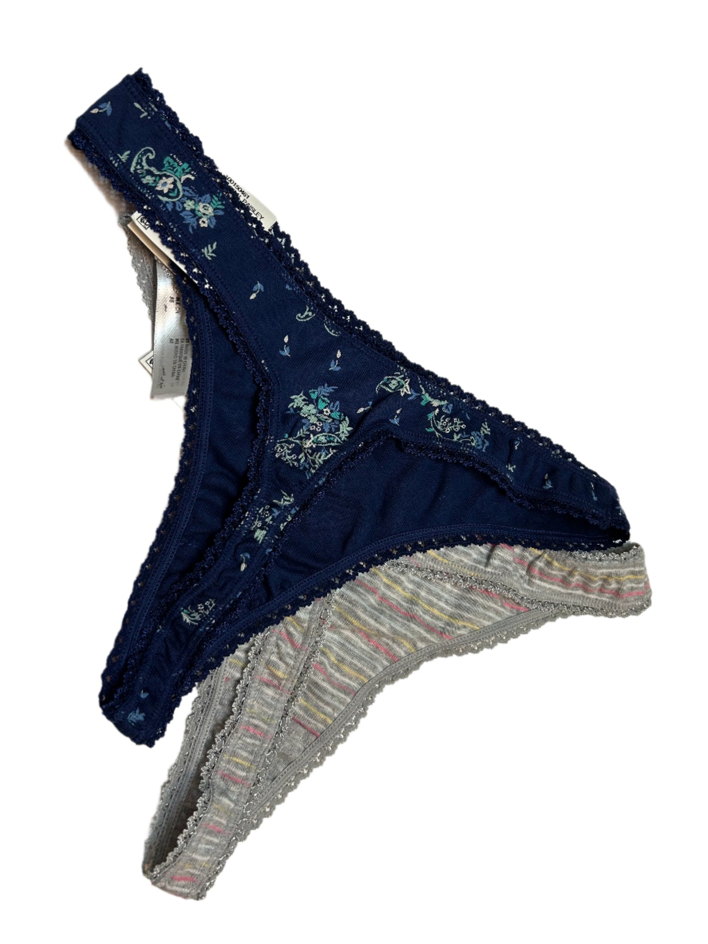 Charter Club Women’s 2 Piece Thong Panty Set NWT Gray Stripes and Blue Paisley