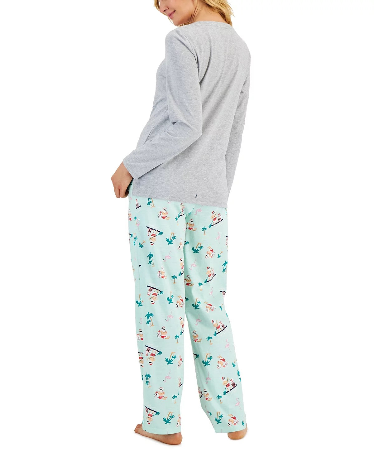 Women's 2-Piece Gray and Green Tropical Santa Christmas Pajama Set