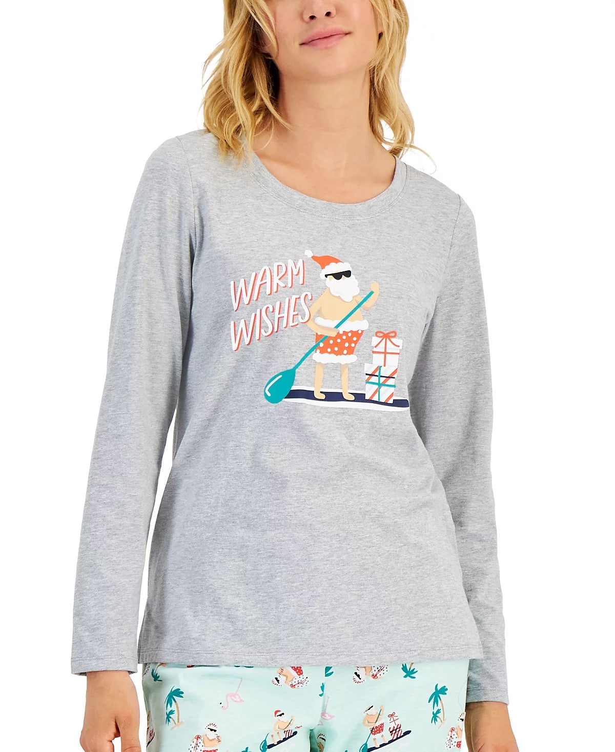 Women's 2-Piece Gray and Green Tropical Santa Christmas Pajama Set