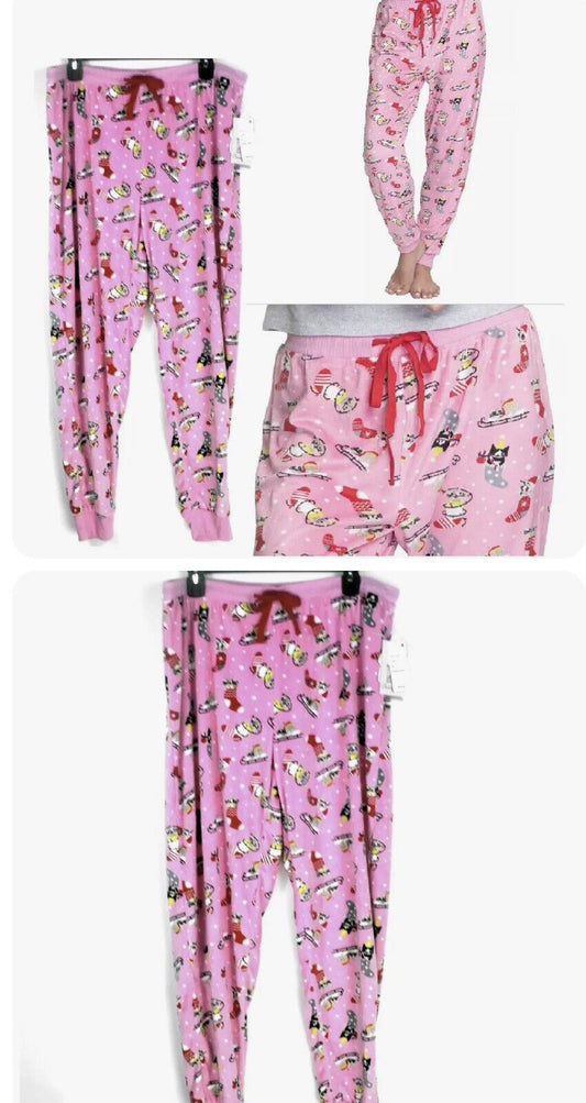 Goodnight Kiss Women’s Super Soft Fleece Jogger Pajama Pants Cats Pink