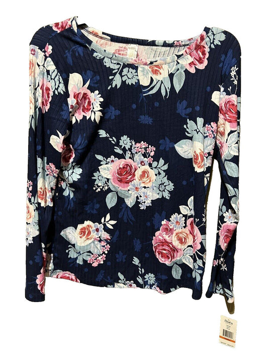 Flora Women’s Navy Floral Super Soft Fleece Pajama Top Long Sleeve