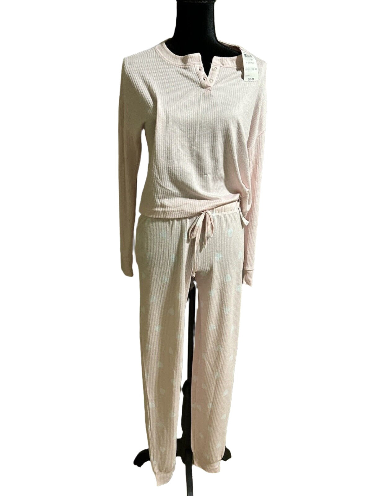 Jenni Women's 2 Piece Pink Ribbed Long Sleeve Henley Pajama Set