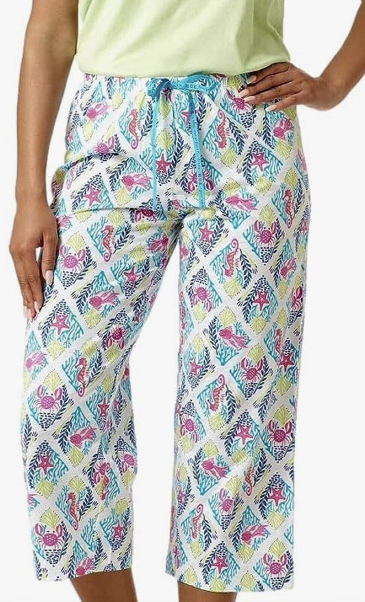 HUE Women's White Knit Fabric Printed Tie Waist Pajama Pants