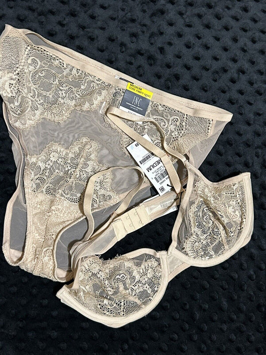 INC Women’s 2 Piece Lace Almond Latte Bralette Set Wire Underlined