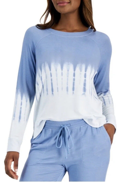 Alfani Printed Crewneck Long-Sleeve Top Sleepwear Loungewear Pajama Blue