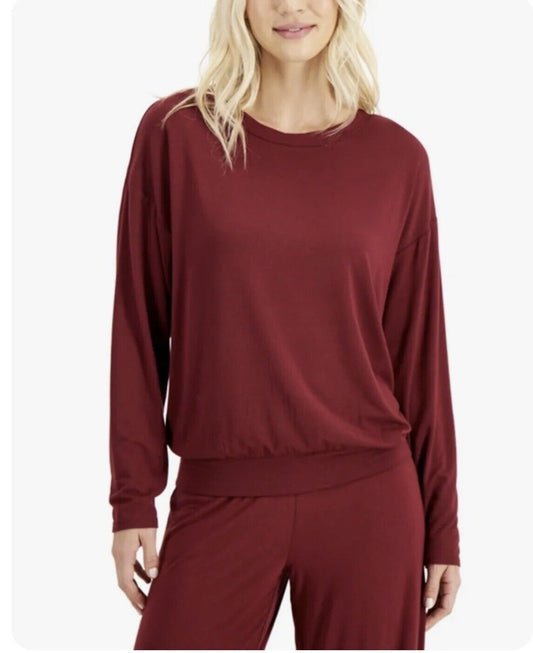 Alfani Intimates Super Soft Modal Long Sleeve Lounge Pajama Top Garnet Stone