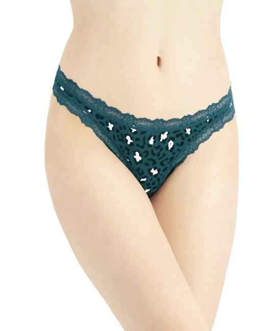 Jenni Intimates Green Leopard Print Lace Trim Women's Thong Panty Underwear