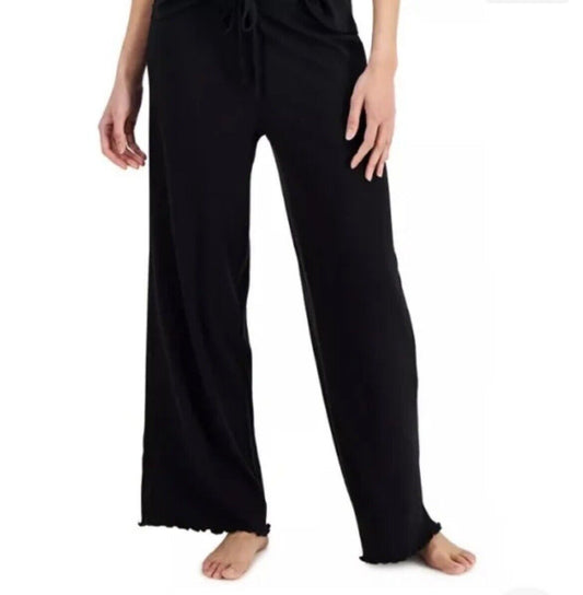 Jenni Wide-Leg Ribbed Pajama Lounge Pants Deep Black