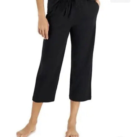 Charter Club Women's Black Cotton Solid Cropped Pajama Pants Plus Size