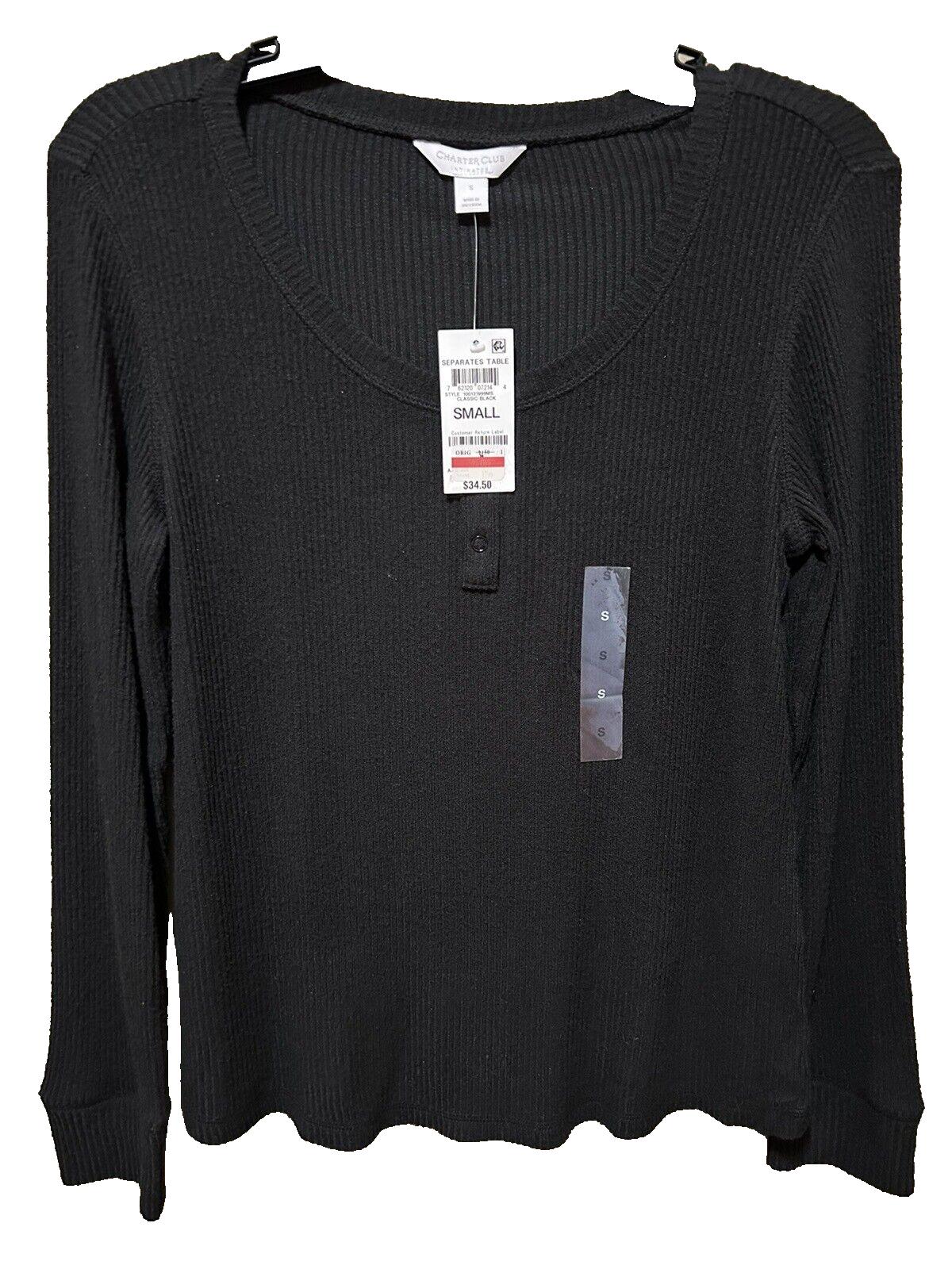 Charter Club Women’s Black V Neck Long Sleeve Pajama Top Cotton