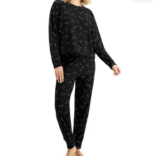 Jenni Women’s Long Sleeve Waffle Pajama Top & Bottom Jogger Set Black
