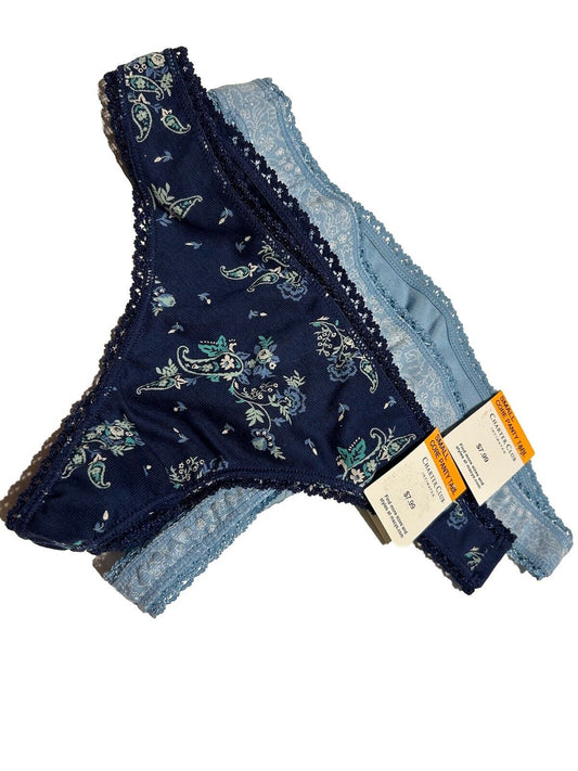 2 Pair Set Charter Club Soft 100% Cotton Thong Lace Trim Brief Underwear Small