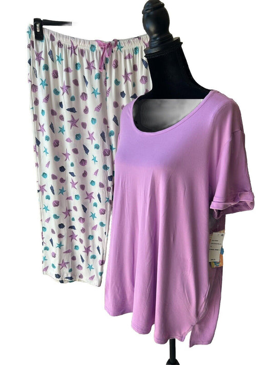 Hanes Women’s 2 Piece Comfort Sleep Soft Stretch Pajama Set Seashells Theme