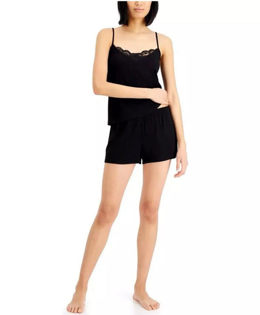 INC Women's Deep Black Heavenly Soft-Lace Trim Cami & Shorts Pajama Set