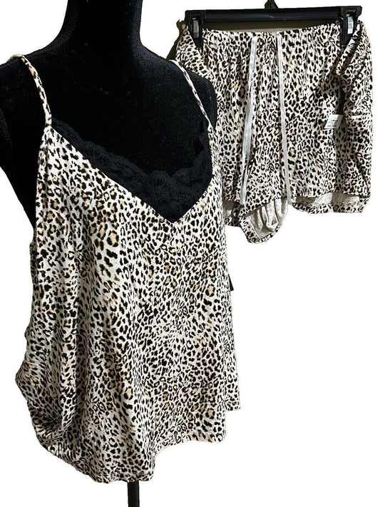 INC Women’s Cheetah Print Two Piece Lace Trim Pajama Lingerie Set