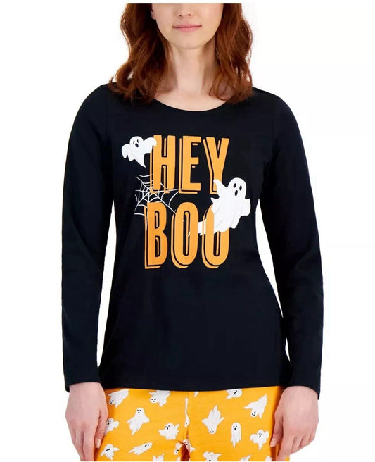 Women's 2 Piece Halloween Ghosts Pajama Set Black Orange