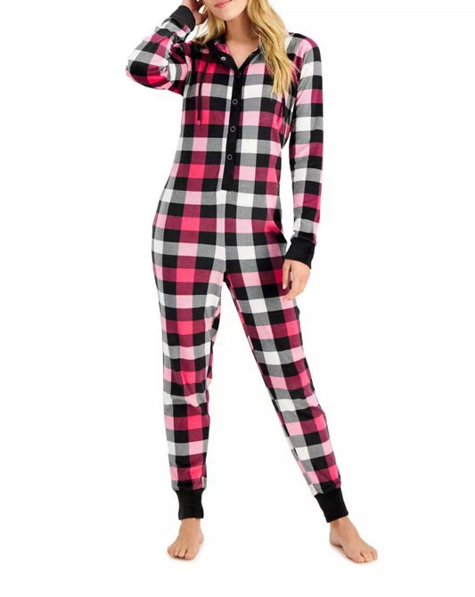 Jenni Hooded Velour Christmas Pre Packaged Plaid Unionsuit PJs