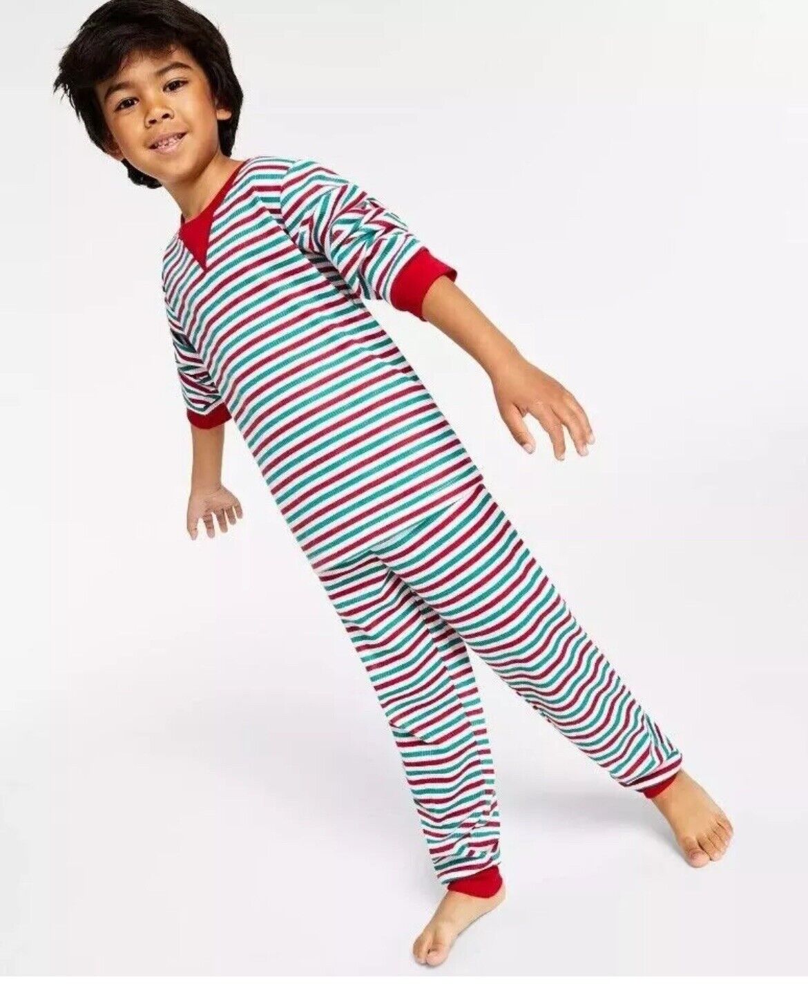 Christmas Xmas Holiday Kids Matching 2 Piece Bright White Waffle Stripe Pajama Set