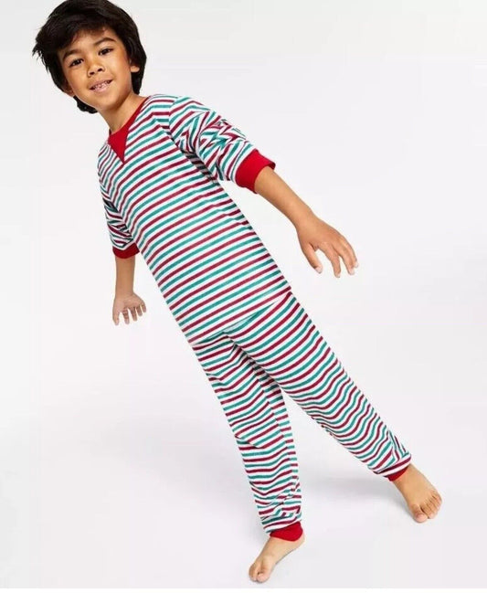 Kid's 2-Piece Bright White Waffle Stripe Christmas Pajama Set