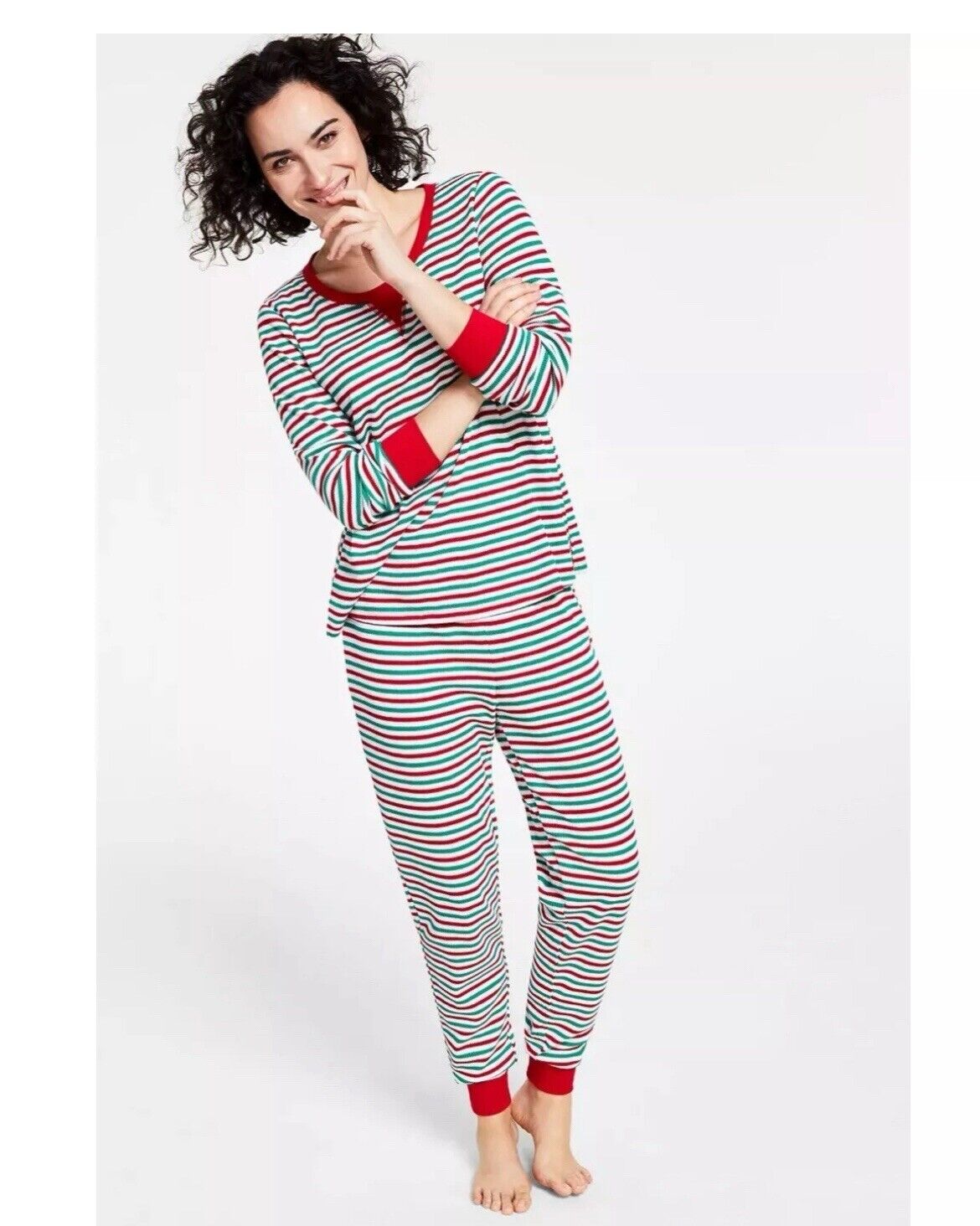 Women's 2-Piece Striped Bright White Christmas Pajama Set