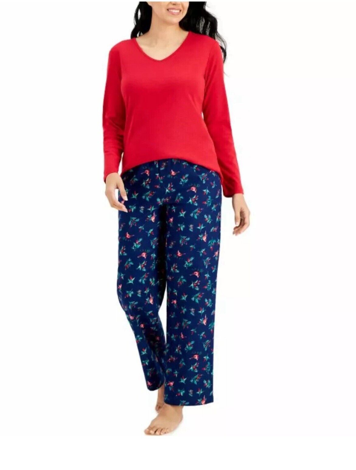 Charter Club Women’s 2 Piece Pajama Set Holly Bird Medium Red Blue