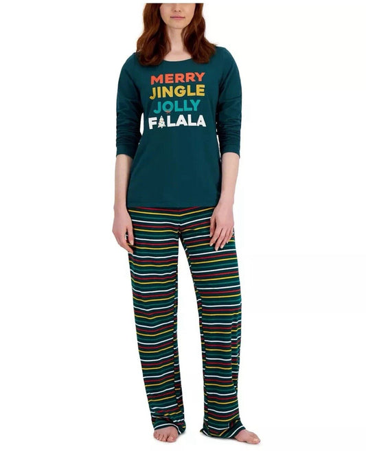 Family PJs Women's 2-Piece Pajama Set Green Merry Christmas Stripes