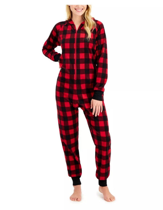 Women's 1-Piece Red Buff Checkered Christmas Hooded Pajamas