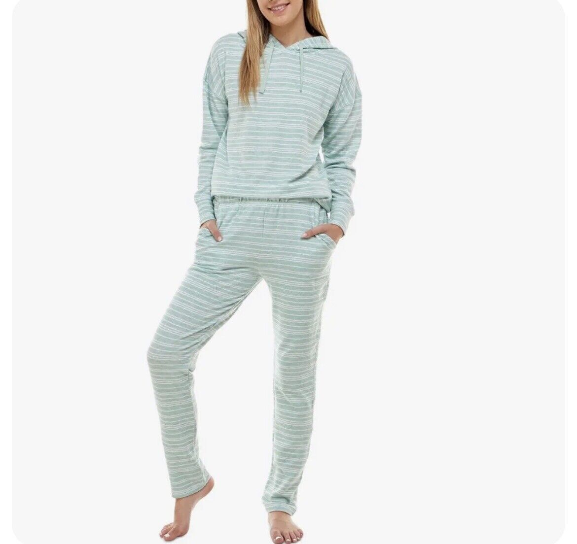 Women's Butter Soft Hoodie Loung Pajama 2 Pc Set Green Stripe ROUDELAIN