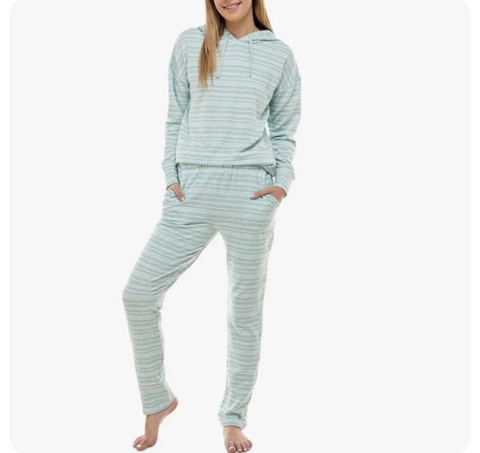 Women's Butter Soft Hoodie Loung Pajama 2 Pc Set Green Stripe ROUDELAIN