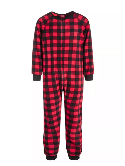 Kids 1-Piece Red Buff Checkered Christmas Hooded Pajamas