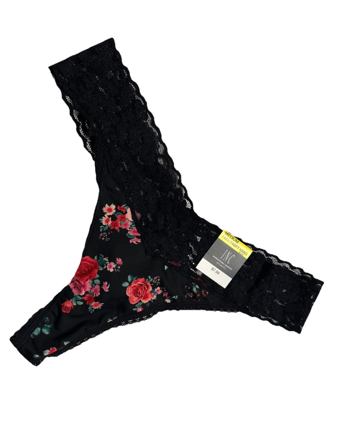 INC International Concepts Black Floral Thong Panties Lace Trim Valentines Day
