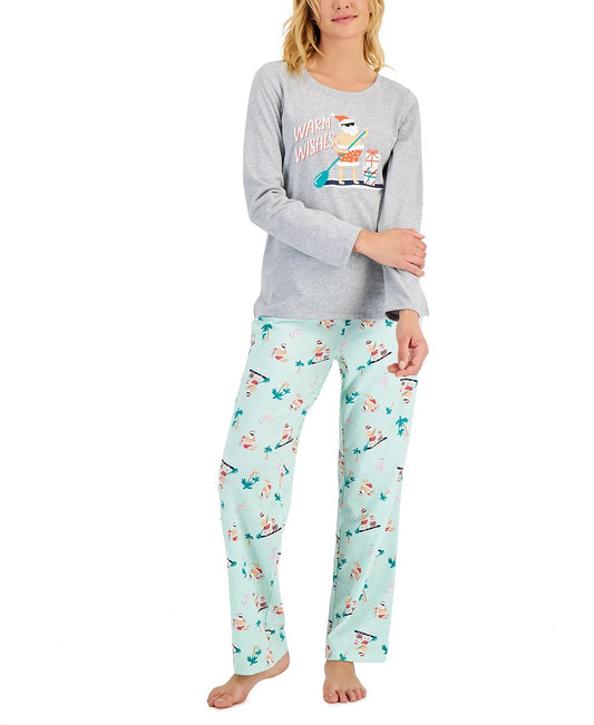 Women's 2-Piece Gray and Green Tropical Santa Christmas Pajama Set