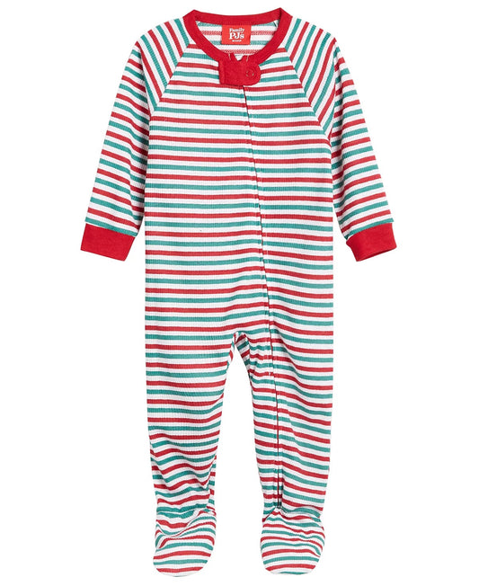 Kid's One Piece Bright White Waffle Stripe Christmas Footie Pajamas