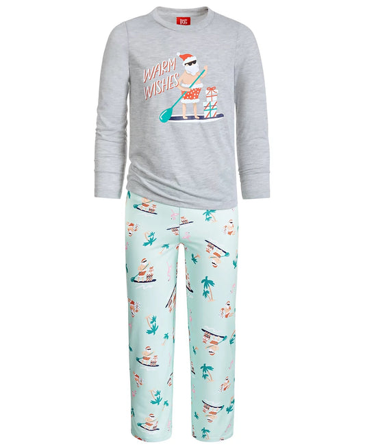 Christmas PJs Kids 2-Piece Pajama Set Gray and Green Tropical Santa